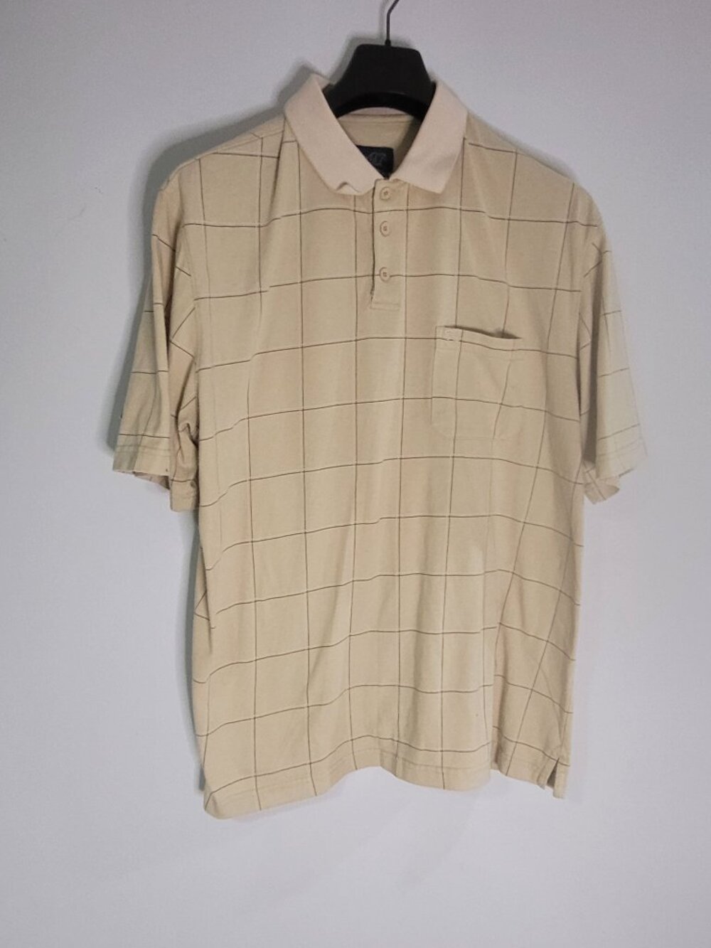 Men’s Beige Windowpane Polo Shirt Short Sleeve Pocket Golf Casual Top